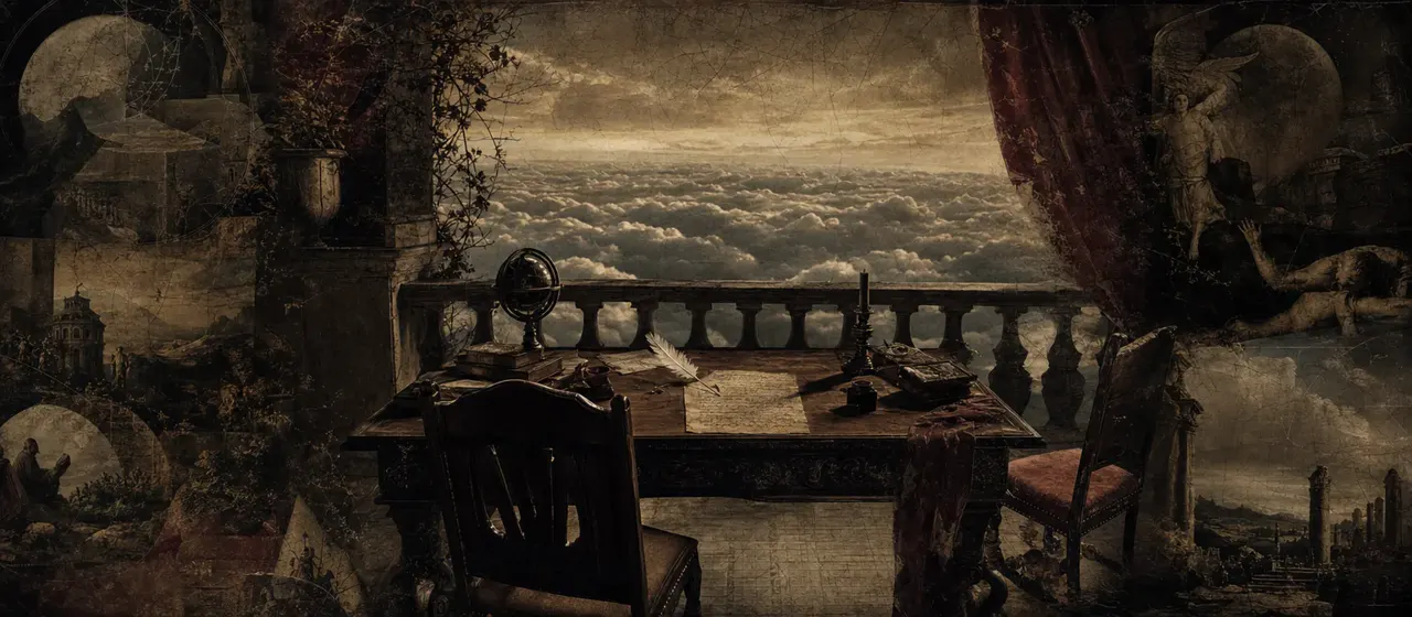 A desk and chair on a terrace overlooking distant hills beneath a cloudy sky